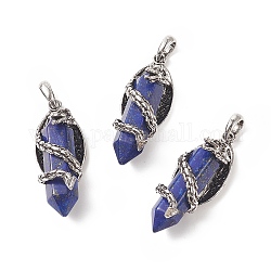 Natural Lapis Lazuli Pointed Pendants, Faceted Bullet Charms with Antique Silver Tone Alloy Dragon Wrapped, 47.5x19x18.5mm, Hole: 7.5x6mm