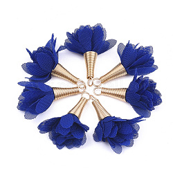 Pendentifs en fer, avec mousseline, fleur, or, bleu foncé, 30~35x20~30mm, Trou: 1~4mm