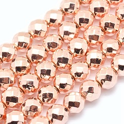 Electroplate Non-magnetic Synthetic Hematite Beads Strands, Grade AAA, Long-Lasting Plated, Faceted, Round, Light Rose Gold Plated, 6mm, Hole: 1mm, about 73pcs/strand, 15.7 inch(40cm)