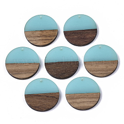 Transparent Resin & Walnut Wood Pendants, Flat Round, Turquoise, 28.5x3.5~4mm, Hole: 1.5mm