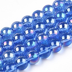 Placcare trasparente perle di vetro fili, ab colore placcato, tondo, blu royal, 8~8.5mm, Foro: 1.5 mm, circa 51~53pcs/filo, 14.96 pollice ~ 15.55 pollici (38~39.7 cm)