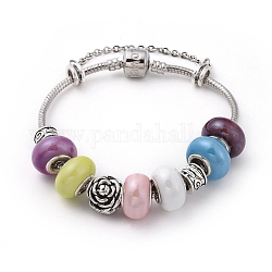 Bracelets européens en laiton, avec des perles rondelles en porcelaine faites à la main et des perles en alliage de style tibétain, fleur et colonne, colorées, 7-1/2 pouce (19 cm)