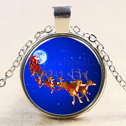 Weihnachten Bild Glas Anhänger Halsketten, mit Leichtmetallketten, flach rund mit weihnachtsrentier / hirsch & weihnachtsmann, silberfarben plattiert, 18 Zoll (45 cm)