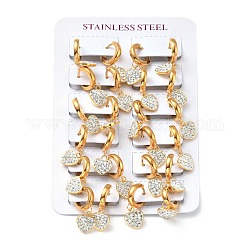 Aretes colgantes de aro con corazón de rhinestone de cristal, 304 joyería de acero inoxidable para mujer., dorado, 11.5x10x2.5mm, pin: 1 mm