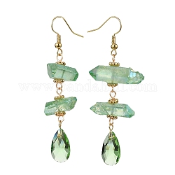 Dyed Natural Quartz Crystal Nugget & Teardrop Dangel Earrings, Real 18K Gold Plated Brass Long Drop Earrings, Light Green, 66~70x20~25mm