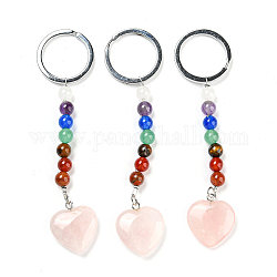 Portachiavi con ciondolo a forma di cuore in quarzo rosa naturale, con perle di pietre preziose da 7 chakra e accessori in ottone tono platino, 10cm