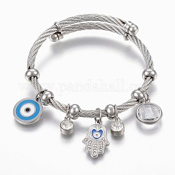 Adjustable 304 Stainless Steel Charm Bangles, with Enamel, Glass and Rhinestone, Eye, Hamsa Hand and Flat Round, Stainless Steel Color, 2-1/4 inch(5.6cm), 4~12mm