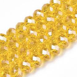 Abalorios de vidrio electroplate hebras, lustre de la perla chapado, facetados, rerondana plana, amarillo, 4x3mm, agujero: 0.4 mm, aproximamente 123~127 pcs / cadena, 16.5~16.9 pulgada (42~43 cm)