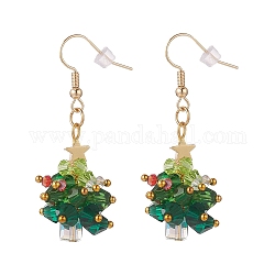 Glasgeflochtene Weihnachtsbaum-Ohrringe mit Perlen, Golddraht-Wickelschmuck aus Messing für Damen, grün, 49 mm, Stift: 0.7 mm