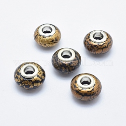 Perline europeo di polimero argilla fatto a mano, con anime in ottone placcato color argento, perline con foro grande, rondelle, nero, 13~16x8~11mm, Foro: 4.5~5 mm