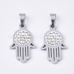 201 Stainless Steel Pendants, with Random Size Snap On Bails and Polymer Clay Crystal Rhinestones, Hamsa Hand/Hand of Fatima/Hand of Miriam, Stainless Steel Color, 24x15x3mm, Hole: 8~10x3~5mm