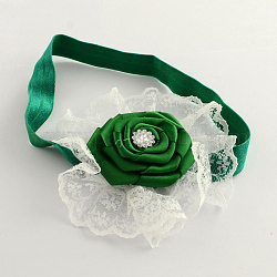 Accesorios para el pelo de las vendas del bebé de encaje elástico de moda, flor del paño con diamantes de imitación, verde, 105mm