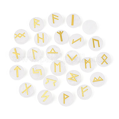 Латунь старший футарк алфавит выгравированный символ плоский круглый натуральный кварцевый кристалл рунические камни G-I373-01B-1