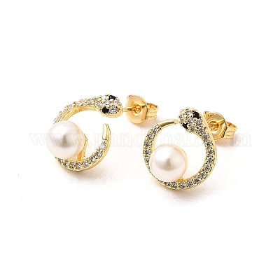 Серьги-гвоздики в форме змеи с круглыми латунными микропаве из прозрачных кубических цирконий EJEW-C154-10G-1