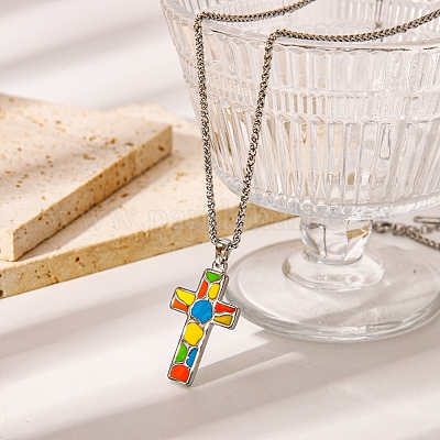 Ожерелья с подвеской-крестиком из нержавеющей стали 304 с эмалью PV1429-3-1