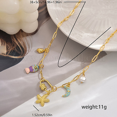 Романтические ожерелья с подвеской в форме морской звезды и ракушки из латуни с эмалью и натуральным жемчугом на морскую тематику для женщин XQ8742-1-1