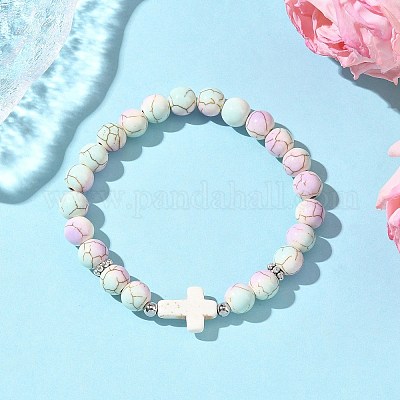 Браслеты из синтетических бирюзовых бусин круглой и крестообразной формы с запекаемой краской для мужчин и женщин BJEW-JB12339-02-1