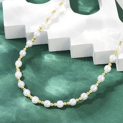 Ожерелья из цепочек ручной работы из латуни и белого АБС-пластика с имитацией жемчуга NJEW-M099-01G-1