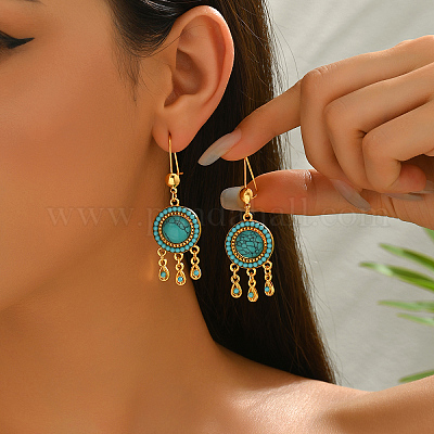 Плоские круглые серьги-люстры из синтетической бирюзы в стиле бохо MY4005-1