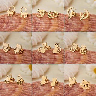 9 пара 9 стильных сережек-гвоздиков из хирургической нержавеющей стали 316 в виде милых кошечек для женщин JE933A-1