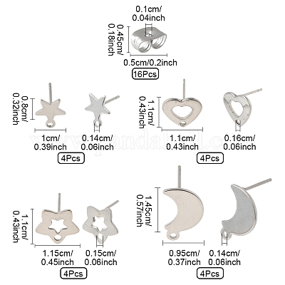 16 шт. 4 стиля фурнитуры для сережек-гвоздиков из нержавеющей стали 304 STAS-FS0001-85P-1