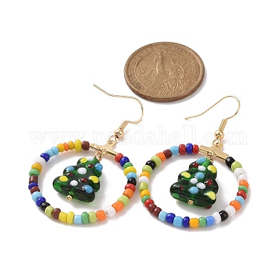 Кольцо из стеклянных зерен и серьги-подвески в виде рождественской елки лэмпворк EJEW-TA00231-1