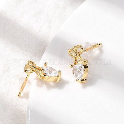 Серьги-гвоздики из латуни с микро-паве и прозрачным фианитом в форме сердца EJEW-P331-06G-1