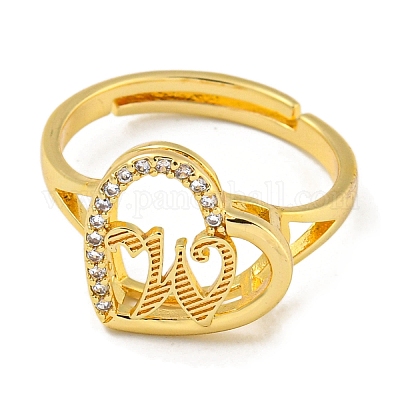 Сердце с буквой стойка покрытие латунь микро паве кубический цирконий регулируемые кольца для женщин RJEW-I105-06G-W-1