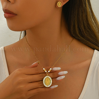 Комплект из 201 овального страза из нержавеющей стали с подвеской в виде Девы Марии и серег-гвоздиков для женщин RA9493-1