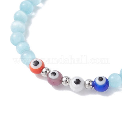 4 шт. 4-цветные браслеты-лампворк с круглыми бусинами кошачий глаз и сглаз ручной работы для женщин BJEW-JB12289-1