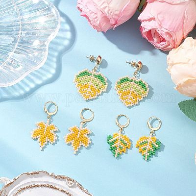 Комплекты из серег-колец и серег-гвоздиков из нержавеющей стали 304 с бусинами из стекла и листьев EJEW-MZ00536-1