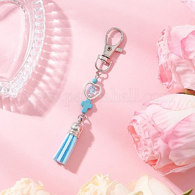 Подвеска-крест из искусственной замши с кисточкой и синтетической бирюзой HJEW-JM03664-01-1