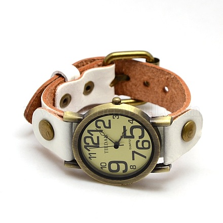 Relojes de pulsera de cuero de reloj de cuarzo antiguo de aleación de bronce retro de los hombres de moda WACH-M097-02-1