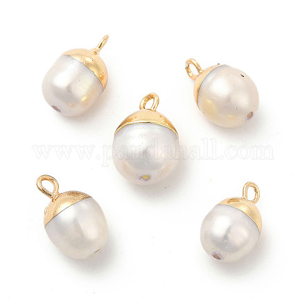 天然真珠のペンダント  楕円形のチャーム  真鍮のループを有します  ホワイト  ライトゴールド  13~16x8~10x8~10mm  穴：1.8mm PEAR-P004-45KCG-1