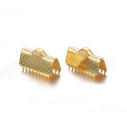 304ステンレス鋼リボンカシメエンドパーツ  長方形  ゴールドカラー  9x15mm  穴：4.5x1.5mm STAS-P210-33G-1