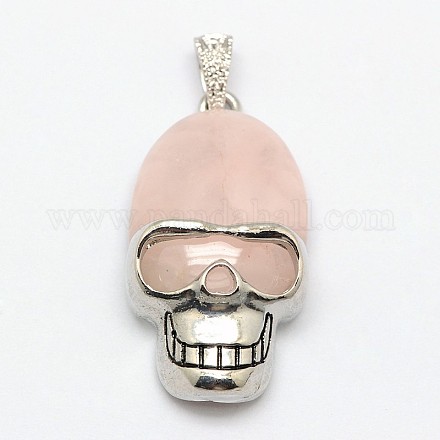 Personalized Retro Halloween Skull Jewelry Bezel Natural Rose Quartz Pendants G-M038-01A-1