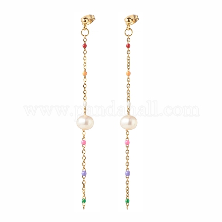 Orecchini pendenti da donna a catena lunga con perle naturali e perline EJEW-JE04820-1