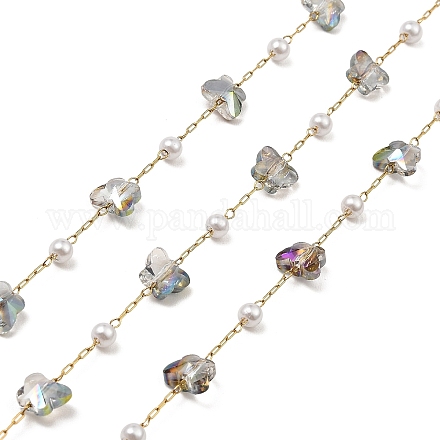 Cadenas de eslabones con cuentas de perlas de plástico ABS y vidrio de mariposa CHS-G028-02G-01-1