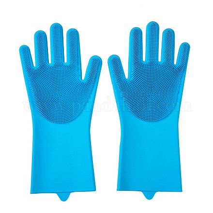 シリコン食器洗い手袋  手袋を拭く手洗い  クリーニングブラシ付  ドジャーブルー  340x160mm AJEW-TA0016-04B-1