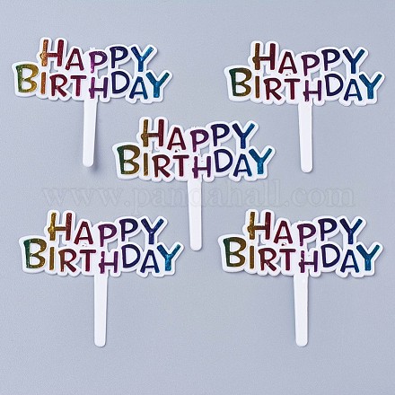 プラスチックケーキトッパー  お誕生日おめでとうパーティーの装飾用  カラフル  62x71x2mm  約100個/袋 AJEW-WH0076-02-1