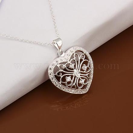 Simple Silver Plated Brass Cubic Zirconia Heart Pendant Necklaces For Women NJEW-BB12787-1