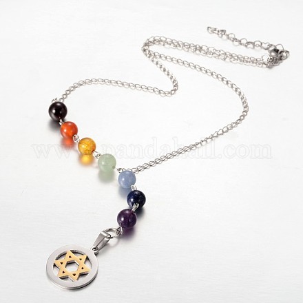 Fashionable 304 Stainless Steel Flat Round with Star of David Pendant Necklaces NJEW-JN01268-1
