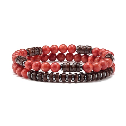 Synthetic Grass Coral & Non-magnetic Hematite Beads Energy Stretch Bracelets Set BJEW-JB07142-01-1
