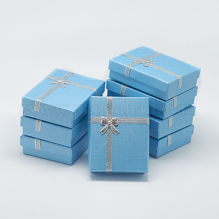 バレンタインデーのギフトパッケージ厚紙ペンダントネックレスボックス  外部のちょう結びの内側スポンジで  ネックレスやペンダント用  長方形  ディープスカイブルー  9x7x2.5cm CBOX-R013-9x7cm-4-1