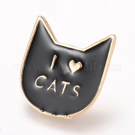 合金エナメル子猫ブローチ  エナメルピン  真鍮のパーツと  私は猫が大好きという言葉で猫の頭  ライトゴールド  ブラック  29x27mm  ピン：1.2mm JEWB-Q026-108KC-1