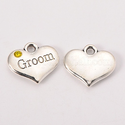 Wedding Theme Antique Silver Tone Tibetan Style Alloy Heart with Groom Rhinestone Charms TIBEP-N005-20C-1