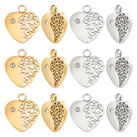 DICOSMETIC 12Pcs 2 Colors Heart Tree of Life Charms Pendant Stainless Steel Charms Tiny Dangle Charms with Crystal Rhinestone 1.5mm Thick Golden Heart Charm for DIY Jewelry Making STAS-DC0008-54-1