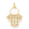 Brass Micro Pave Clear Cubic Zirconia Pendants, with Shell, Hamsa Hand, with Jump Ring, Real 18K Gold Plated, 20x14.5x3mm, Hole: 3mm
