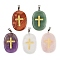 Natural Mixed Stone Pendants, Oval with Engraved Gold Cross Charms, with Stainless Steel Bails, Stainless Steel Color, 38~39x25x7mm, Hole: 7x4mm