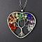 Natural Stone Chip Tree Of Life Chakra Pendant Necklaces, Platinum, Heart, 17.72 inch(45cm)